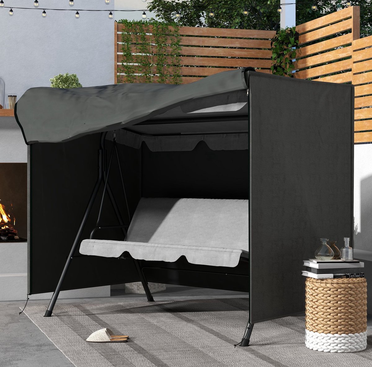 Schommelbankhoes 3 Zitplaatsen - 205 x 124 x 164 cm - Polyester - Donkergrijs - Met Rits en Trekkoord