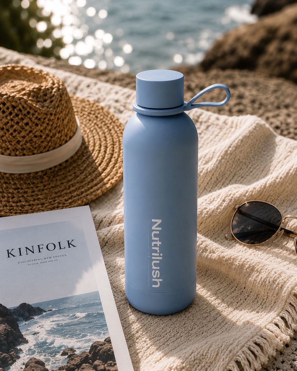 Nutlilush.Co RVS Thermosfles met Draaglus 500 ml - Babyblauw - Dubbelwandig Geïsoleerd - 12 Uur Warm en 24 Uur Koud - BPA-vrij