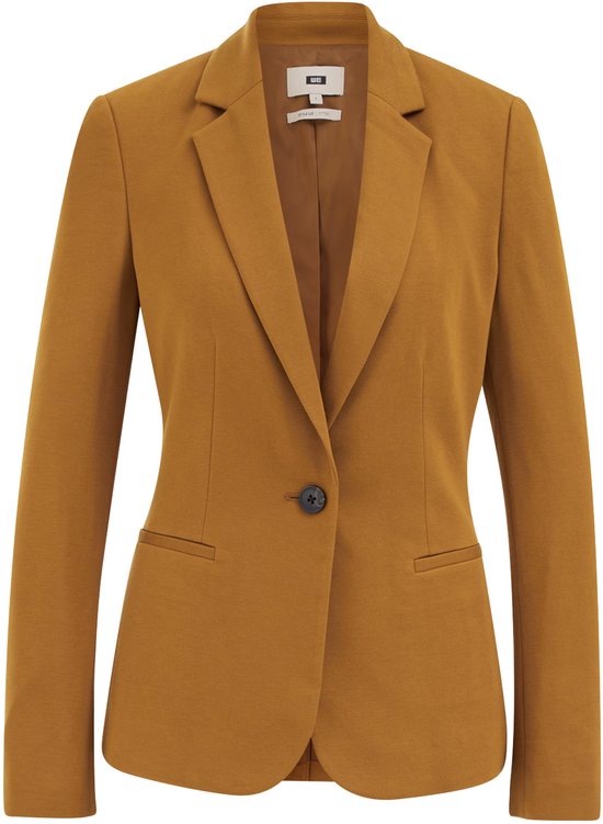 Een mosterdgele getailleerde jersey blazer met één knoop en klepzakken.