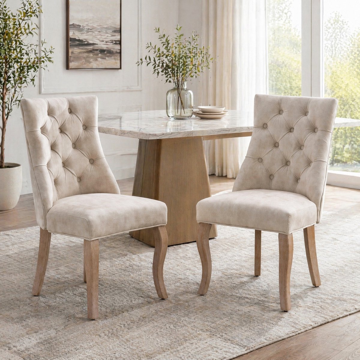 COVREO Eetkamerstoel 51x97 cm (BxH) Set van 2 - Lichtbeige Velvet - Hoge Rugleuning - Knopstepping - Massief Rubberhout Poten - Chroom Handgreep - Max. 150 kg