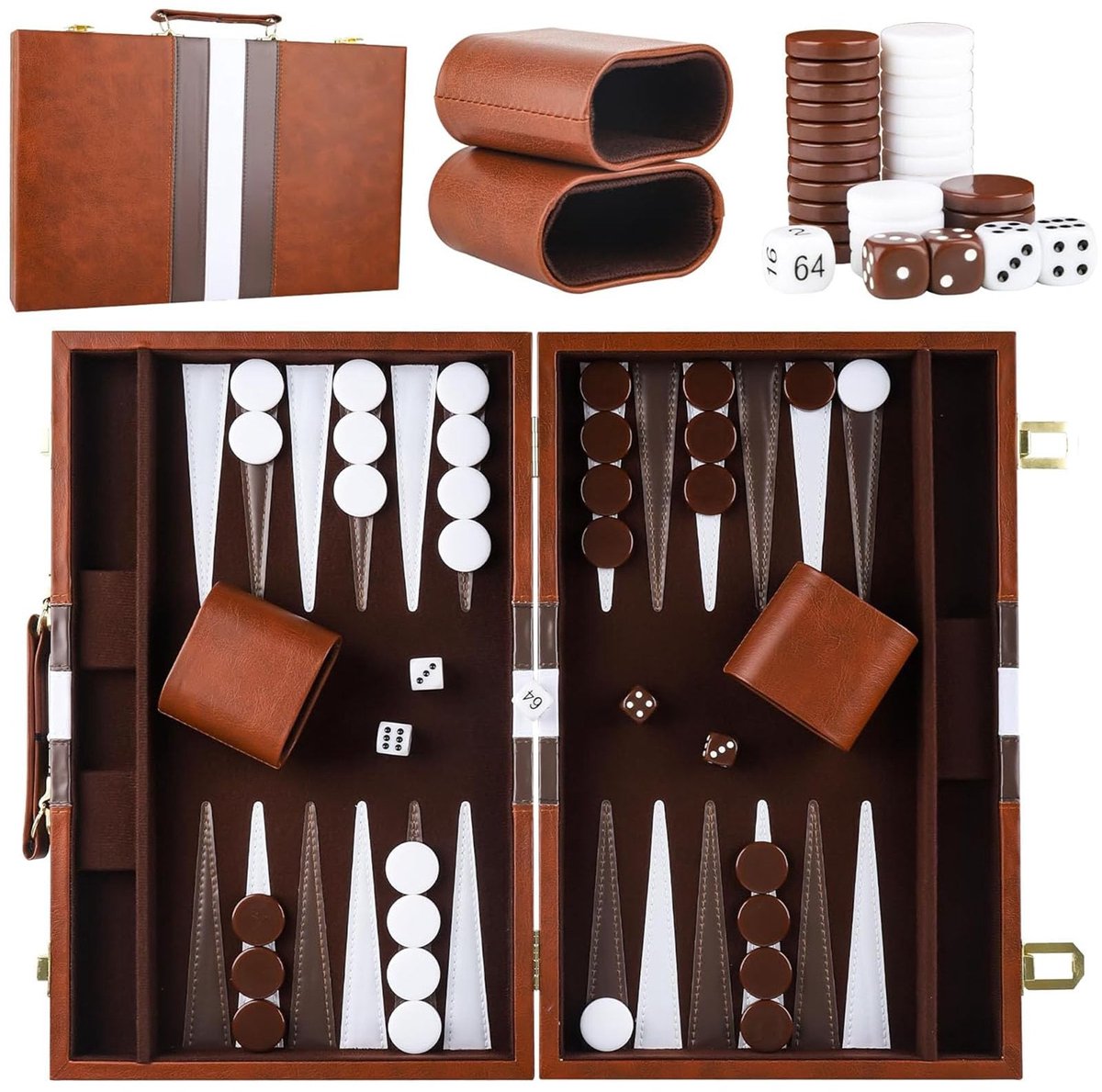 Omgoods- Backgammon Koffer - Houten Set - Draagbaar - 2 Spelers - Opvouwbaar - Hoogwaardige Leren Tas - Geschikt voor Leeftijd 8+ - Bordspel
