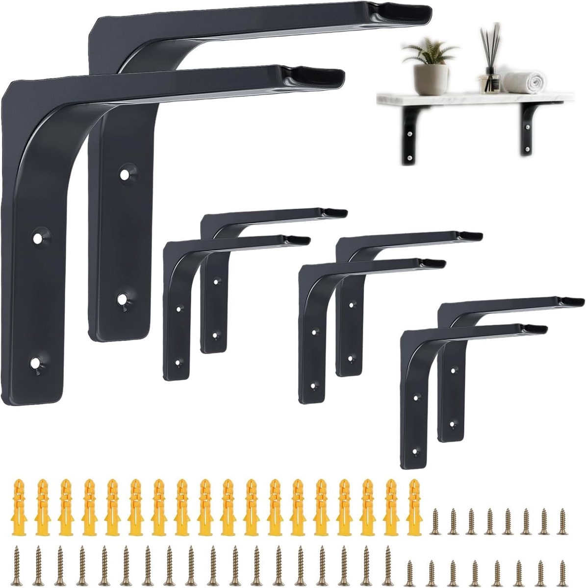 Omgoods - Set van 8 Zwarte Metalen Plankdragers voor Wandmontage