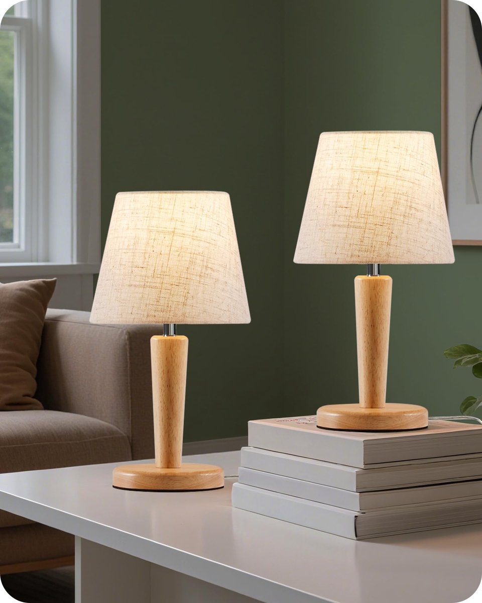 Omgoods - Houten Nachtlamp Set van 2 - Beige Tafellamp met Linnen Lampenkap en E27 Fitting