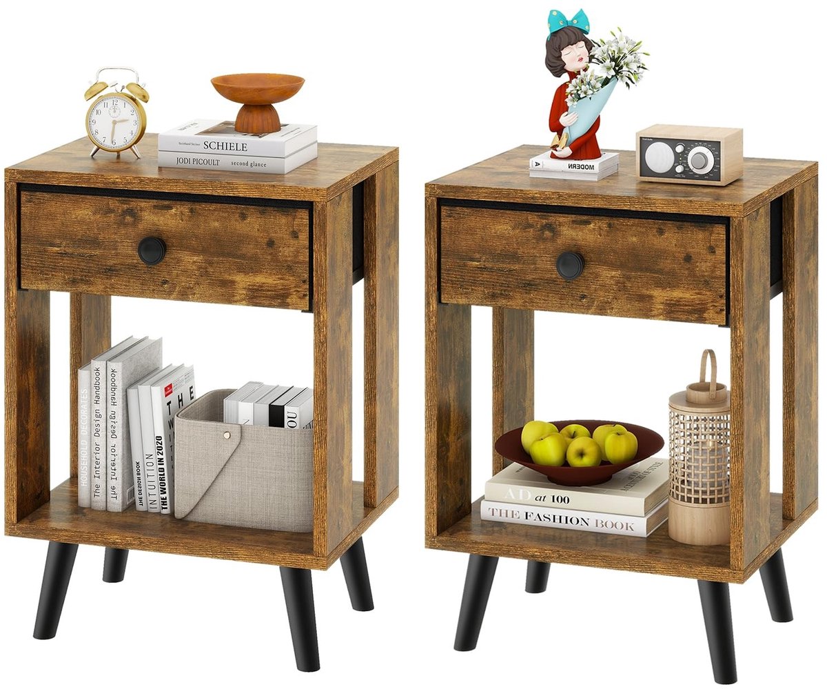 Omgoods - Set van 2 Bedside Tafels met Stoffen Lades en Open Plank