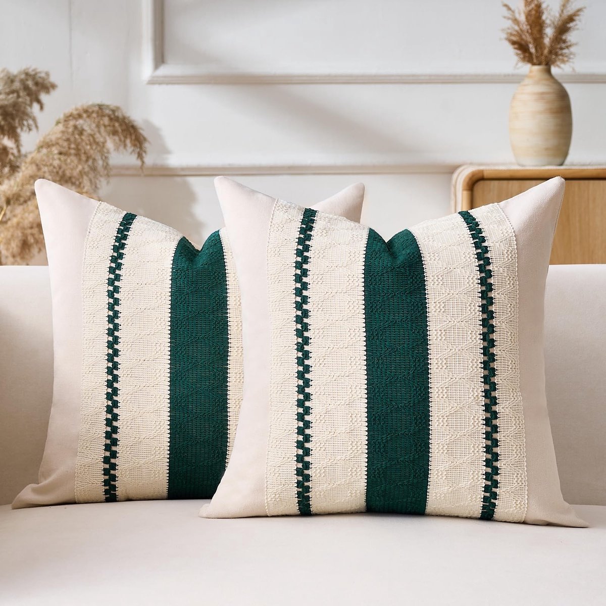 Omgoods - Sierkussenhoezen Katoen Linnen - Groen Gestreept - 40x40 cm - Set van 2
