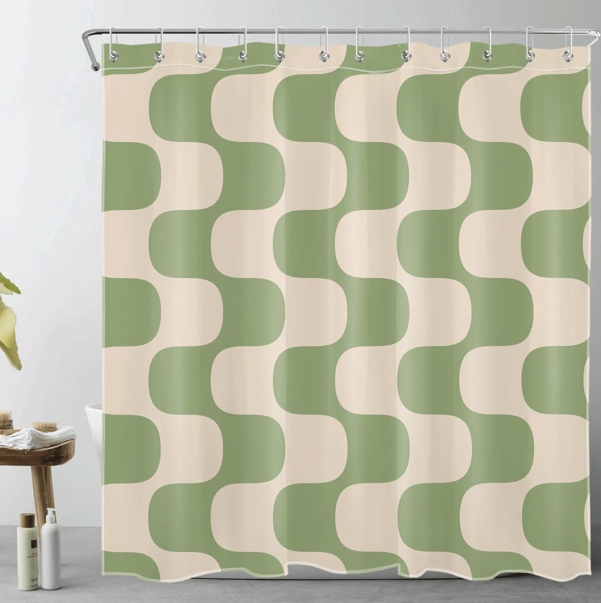 Omgoods - Modern Douchegordijn 180x200cm met Groene Strepen op Vintage Beige - Waterdicht