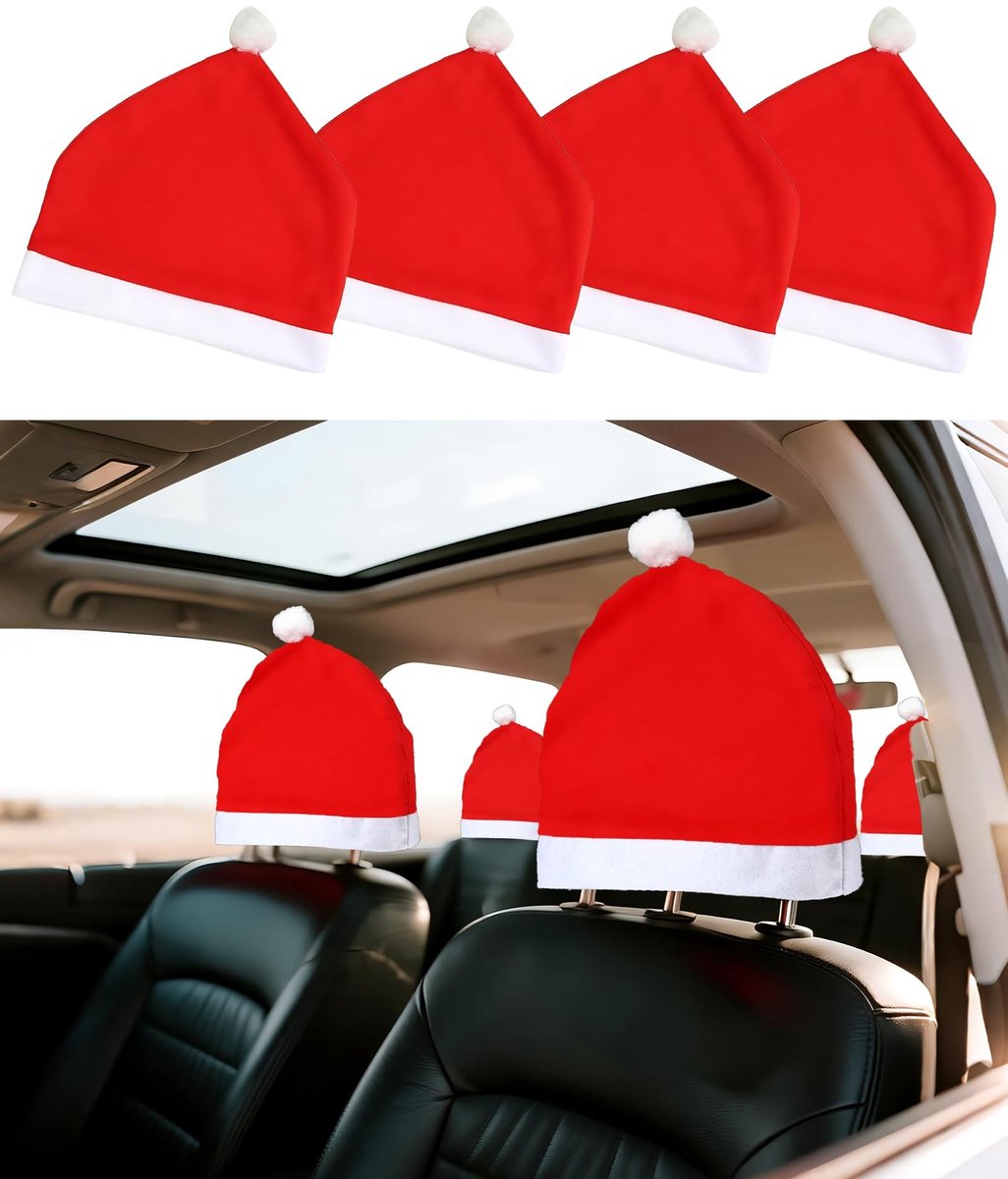 Omgoods - Set van 4 Auto Hoofsteunkappen Kerstman Hoed