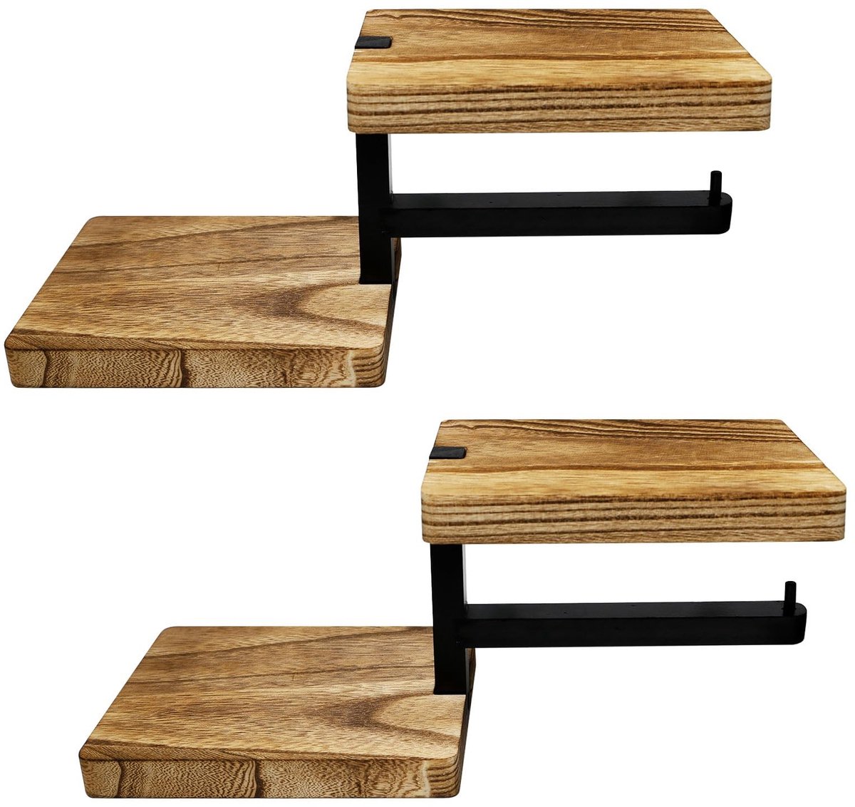 Omgoods - Set van 2 Wandgemonteerde Toilepapierhouders met Dubbele Houten Planken