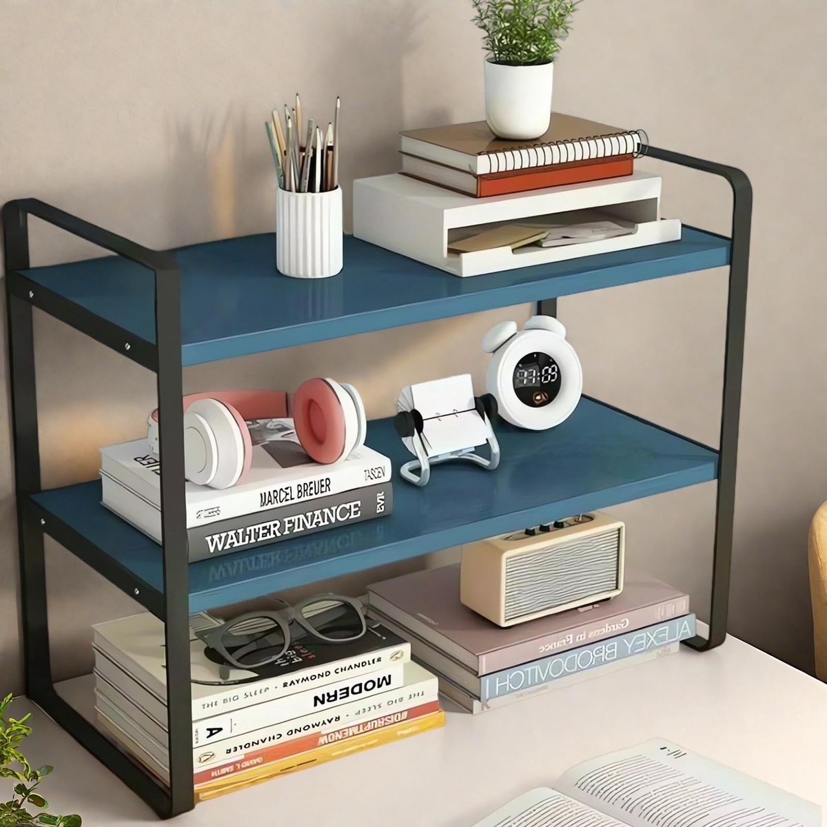 Omgoods - Houten Bureau Organizer met 2 Planken, Zwart en Blauw
