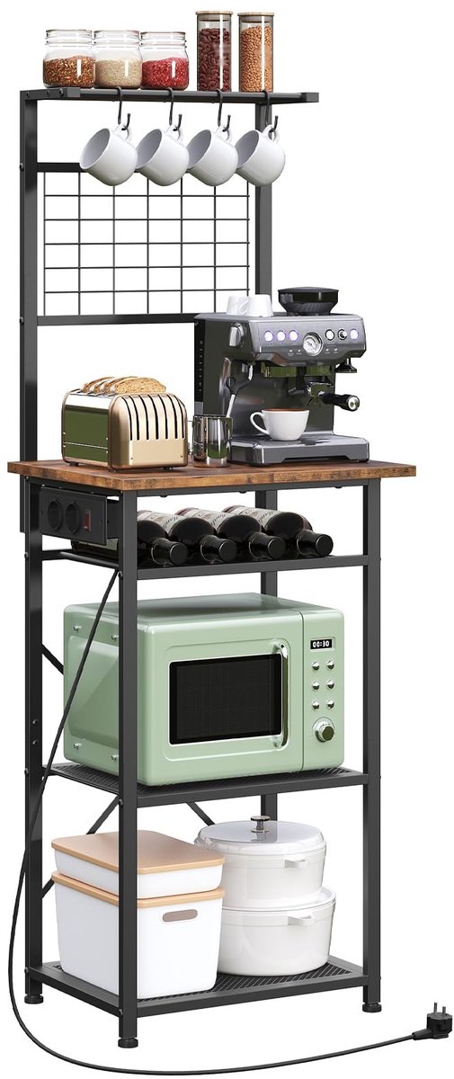 Omgoods - Multifunctionele Keukenrek met Oplaadstation, Vintage Bruin en Zwart
