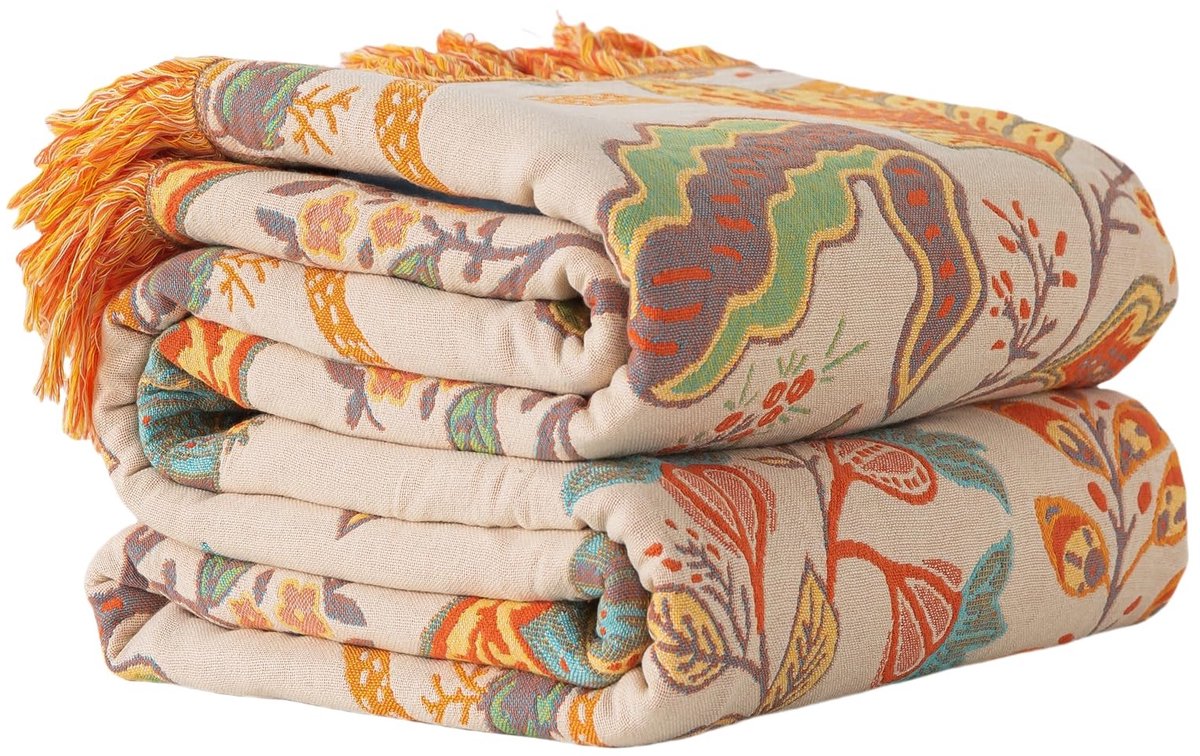 Omgoods - Boho Plaid van 100% Katoen, 150 x 200 cm met Bloemenprint