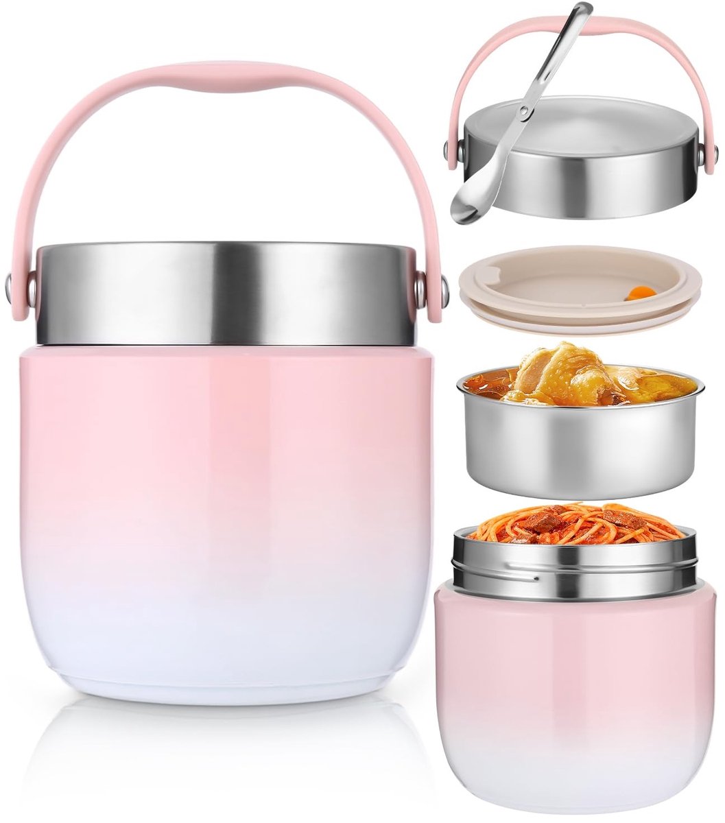 Omgoods- Thermocontainer 1200 ml - Warmhoudcontainer - Roestvrij Staal - Opvouwbare Lepel - Lunchbox Volwassenen/Kinderen - Langdurig Temperatuurslot