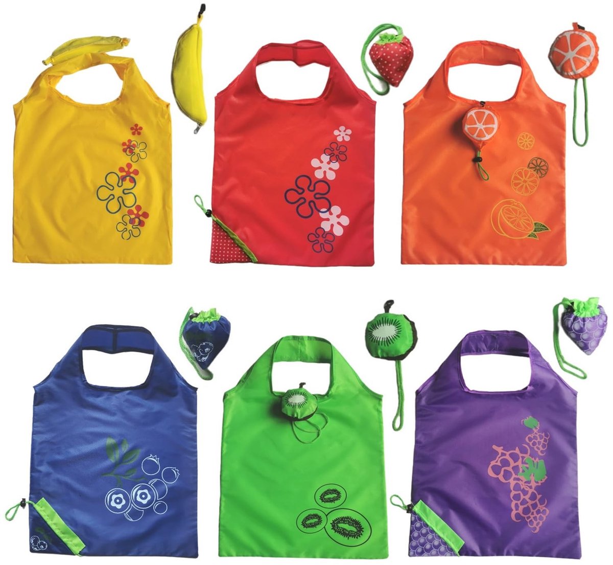 Omgoods - Set van 6 Opvouwbare Fruit Shopping Bags in Vrolijke Fruitvormen