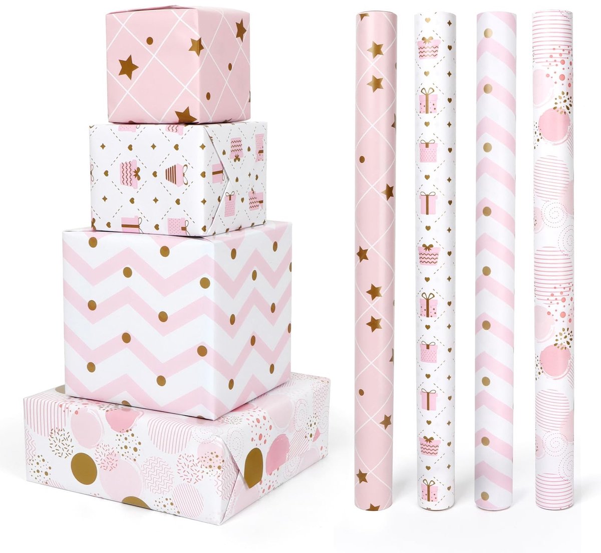 Omgoods - Verpakking Papier voor Verjaardag, Roze, 4 Rollen 43 x 300 cm