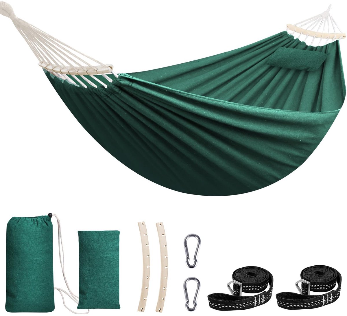 Omgoods - Katoenen Hangmat met Afneembare Spreidstang en Kussen - Tot 300 kg - Inclusief Bevestigingsmateriaal
