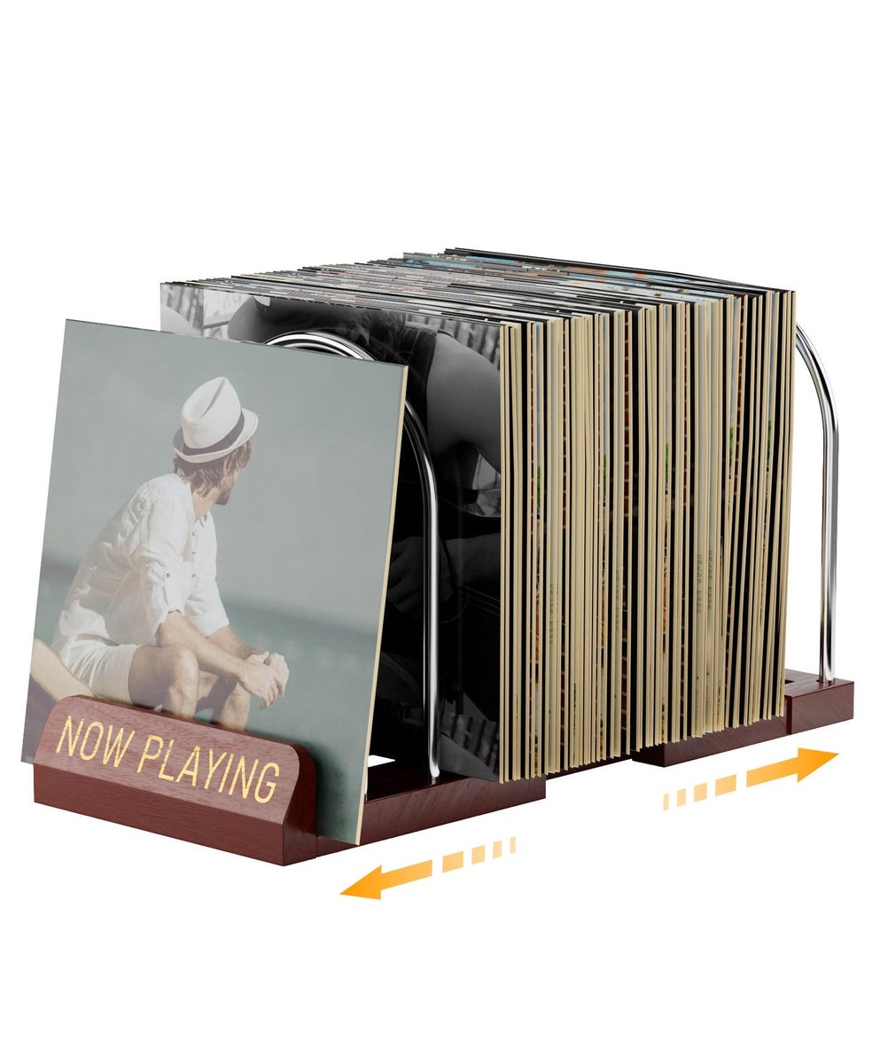 Omgoods- Vinyl Rek Uitschuifbaar - LP Houder Voor 30-70 Platen - Houten & Metalen Ontwerp - Antislip - Nu Afspeelende Vinyls - Verstelbaar Platenrek