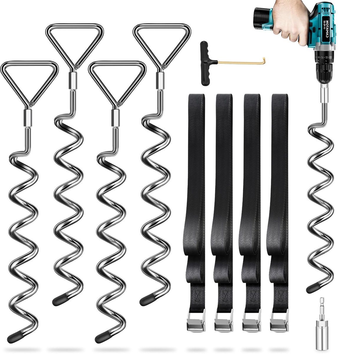 Omgoods - Set van 4 Grondankers met Lashing Straps (2.5 m) voor Trampoline