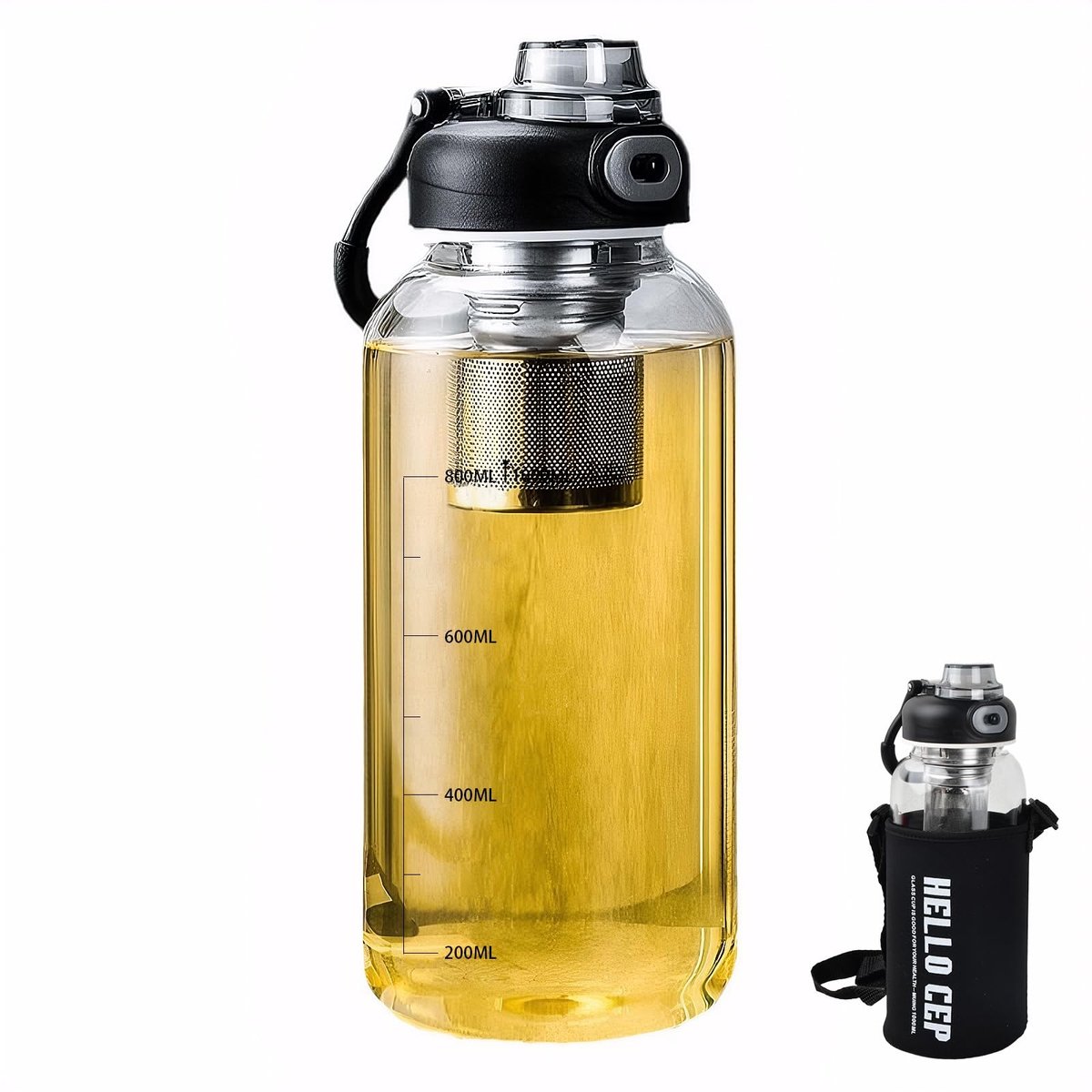 Omgoods - Glazen Drinkfles van 1 Liter met Uniek Dekseldesign