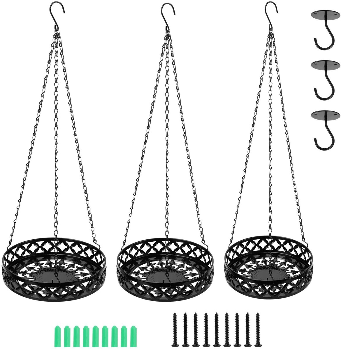 Omgoods- Hangbloempotten Set van 3 - Metalen Plantenbakken 28/25/22 cm - Hangende Plantenbakken - Inclusief Plafondhaak - Decoratieve Doorbraakpatronen - Flexibel Ophangen - Plantenhangers