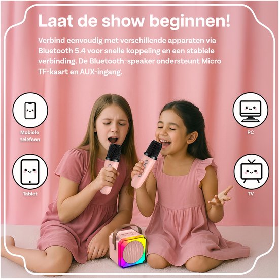 Karaoke Set voor Kinderen met Bluetooth Speaker van MMOBIEL – Met 2 Draadloze Microfoons, LED-verlichting, Geluidseffecten – Feest, Cadeau voor Meisje, Jongen, Kinderen 3+ jaar – Roze — afbeelding 3