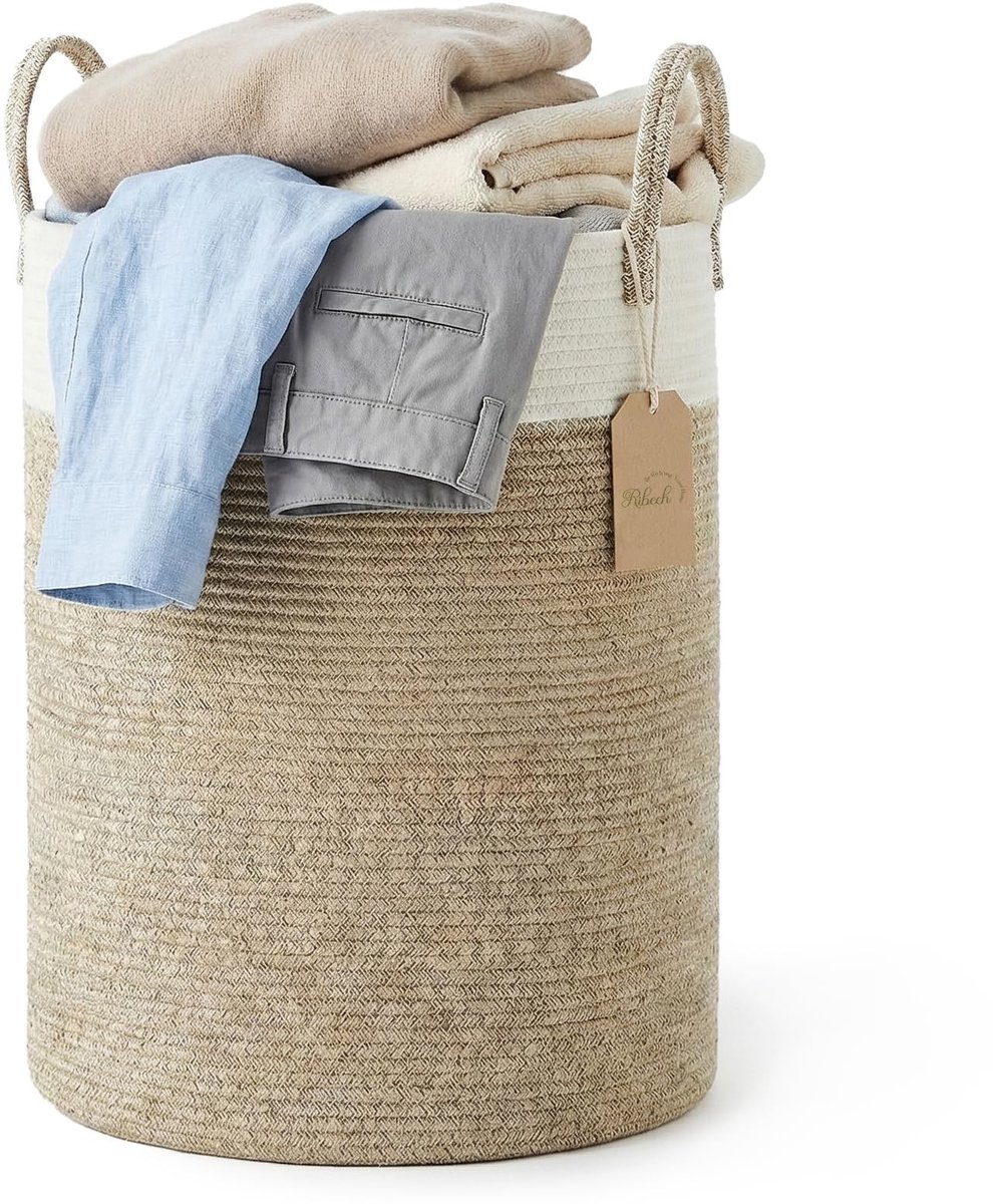 Omgoods - Wasmand van Touw - 58L, Bruin en Wit, Met Handvatten