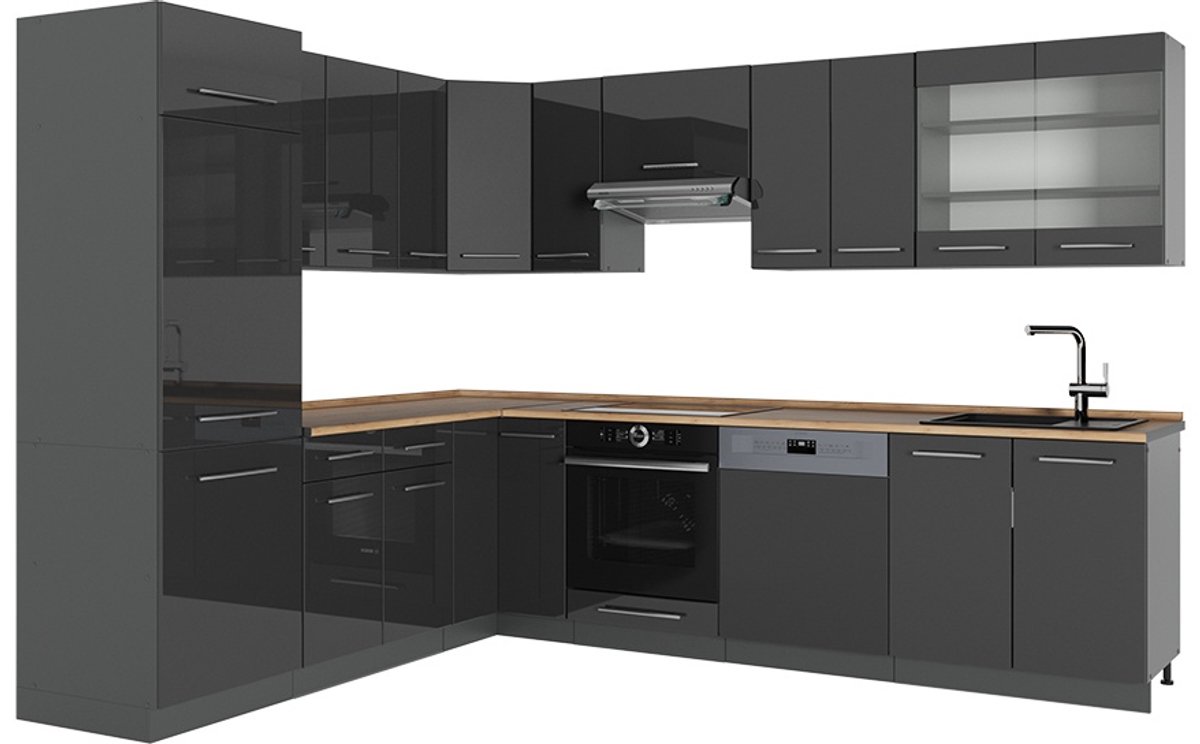 Vicco Hoekkeuken Fame-Line, Antraciet Hoogglans/Antraciet, 287 x 227 cm, WB Eik