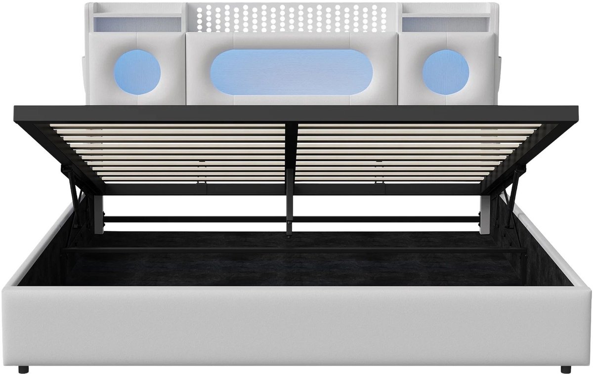 Happiq Opbergbed Gestoffeerd Tweepersoonsbedframe - Zwart, 160 x 200 Cm - Hydraulisch Opbergsysteem met LED - Verlichting Black