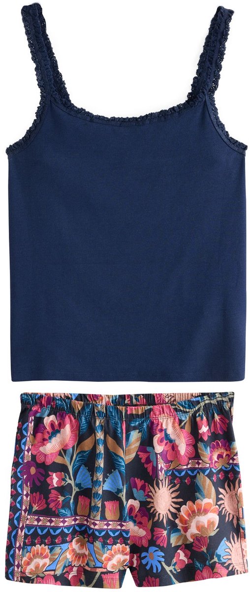 Next - Dames - Korte geribbelde pyjama - Blauw