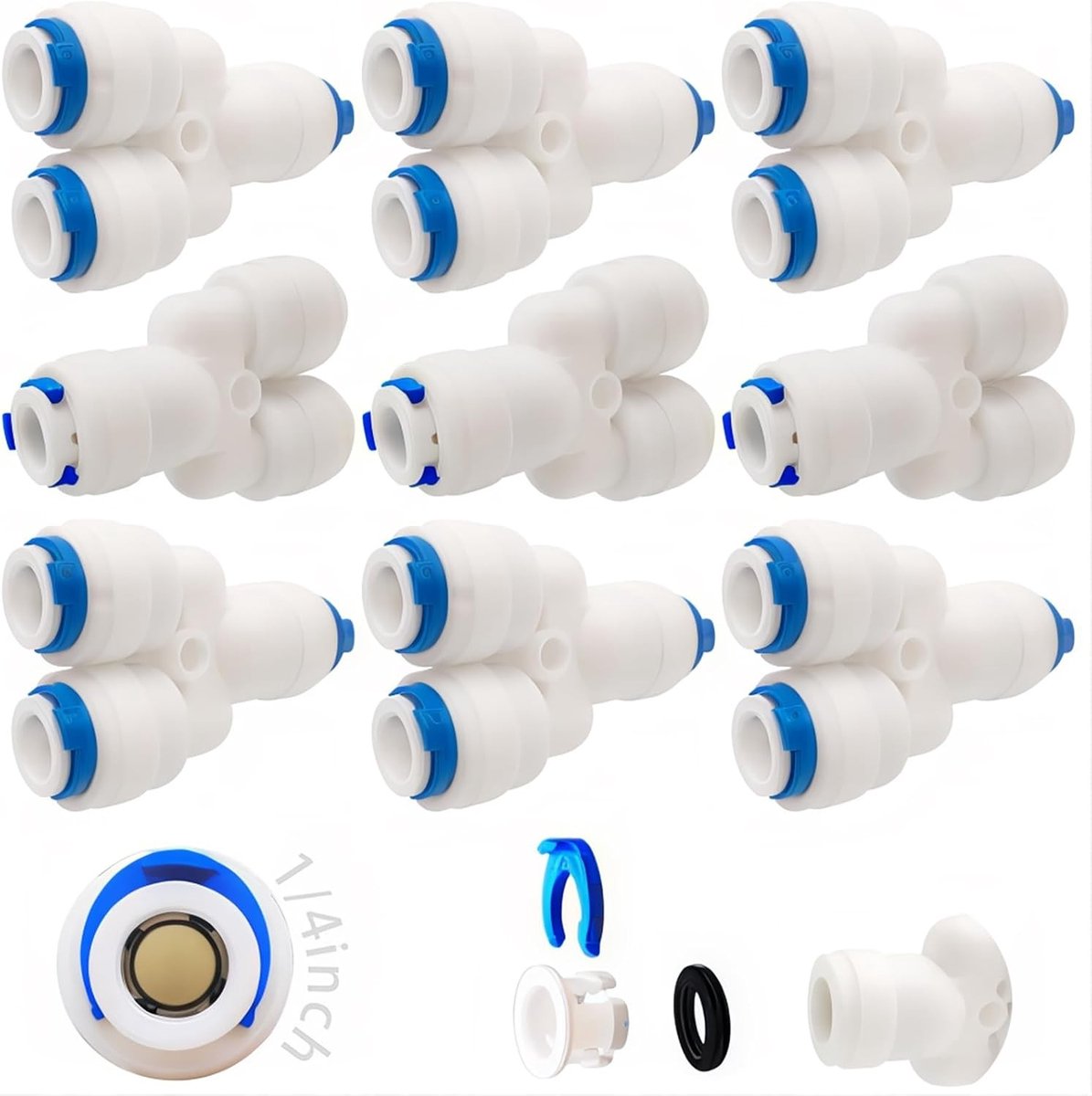 9 Adapters voor Slangfittingen, Waterfilter Koppeling, 6.35mm (1/4") Pushfit Rechthoekige Plug voor Water, Druk en Koelerslangen (3-Weg)