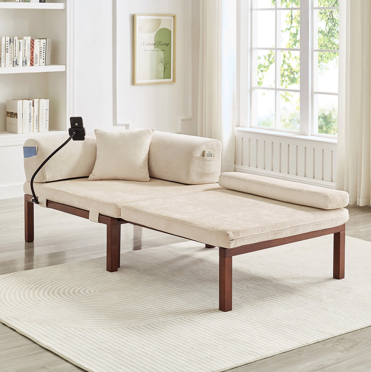 REDOM - Slaapbank - Eenpersoons uitklapbaar ontwerp - Uittrekbare bedfunctie - Opbergvak - Scandinavische stijl - Hout en velvet - Beige - 176 x 81 x 64 cm