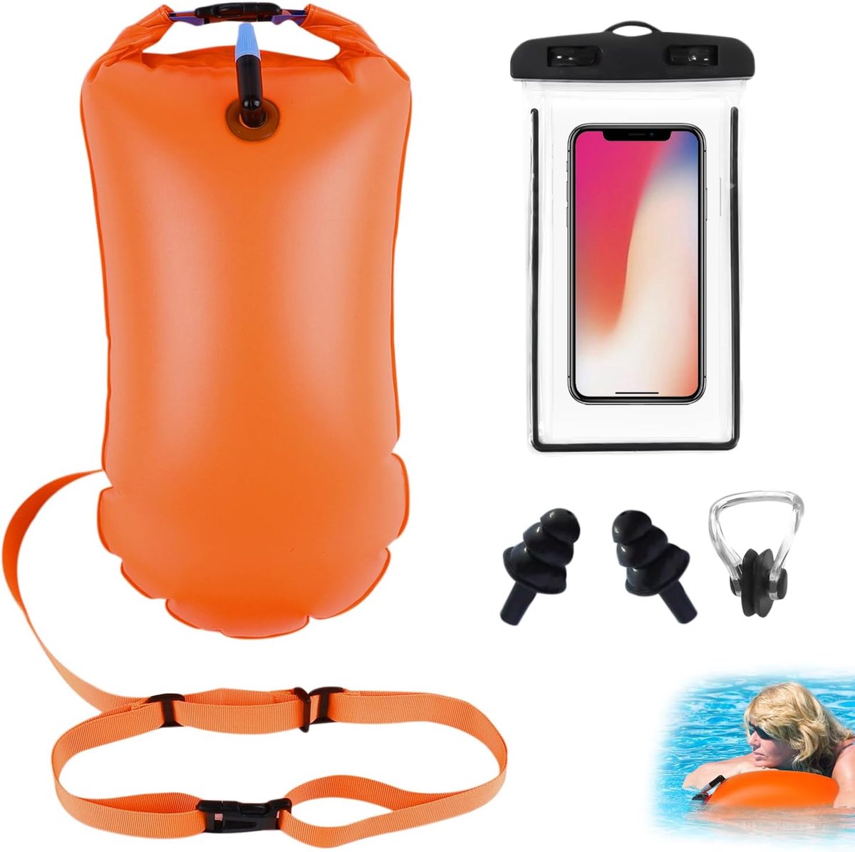 zwemboei voor volwassenen, 20 liter, met waterdichte zak voor mobiele telefoon, neusbeugel en oordopjes, waterdicht, opblaasbaar, pvc, zichtbare drijf voor open water, triatlon,