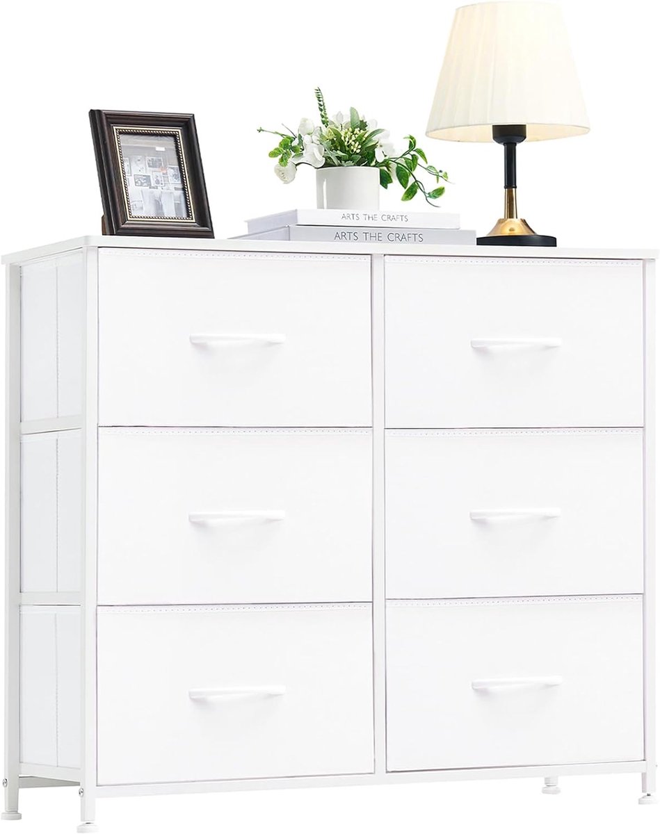 ladekast, dressoir met stoffen laden, commode met stalen frame, opbergkast voor slaapkamer, woonkamer, Wit, 30D x 80B x 71,5H (6 laden)