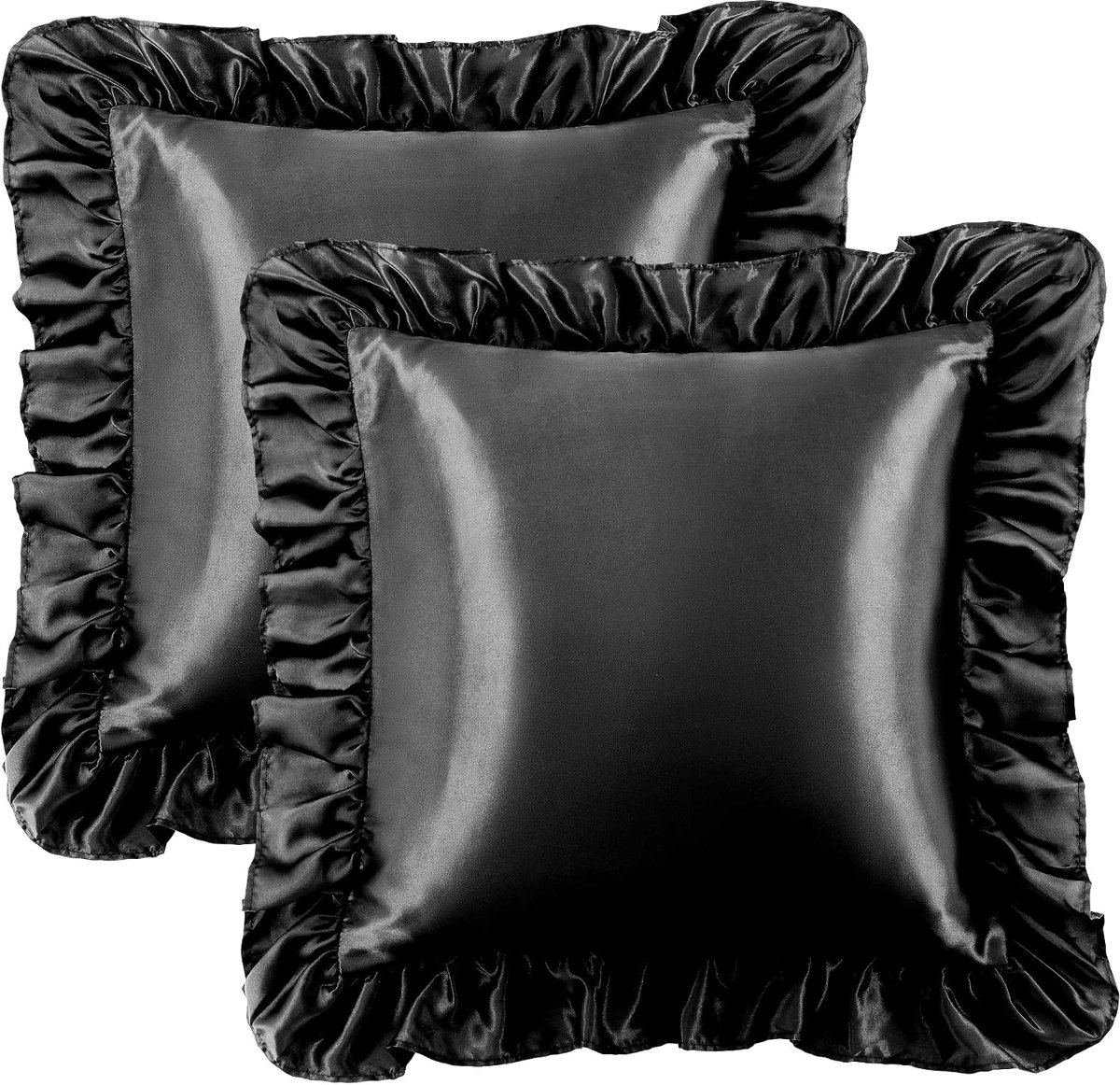 Kussenslopen met romantische ruches, hoofdkussensloop, effen, glad, glanzend, met hotelsluiting, zwart, 40 x 40 cm