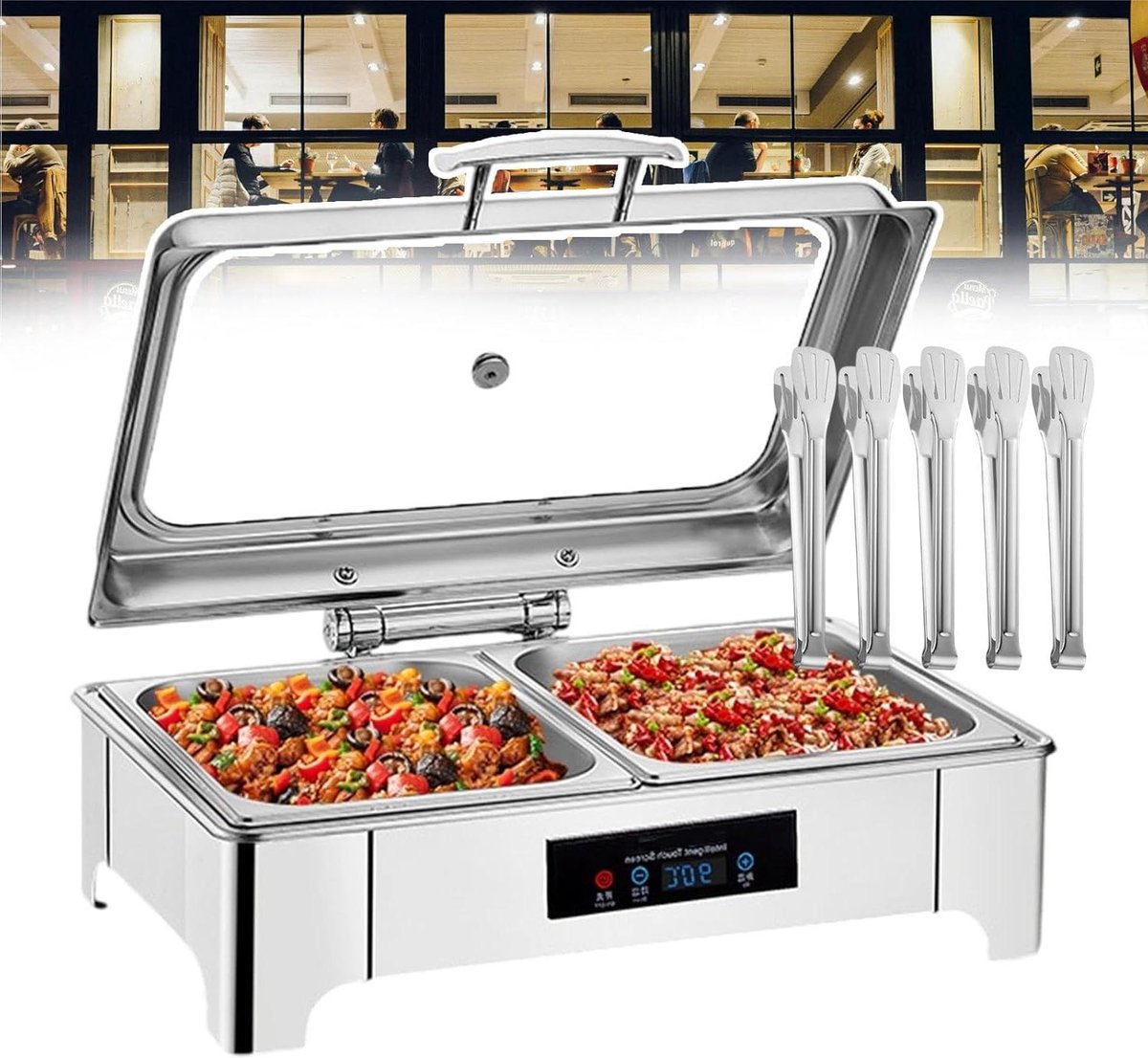 Elektrische Chafing Dish - Voedselwarmer Buffet - Gerechten Warm Houden - Digitale Temperatuurweergave - 135 Liter - Zilver