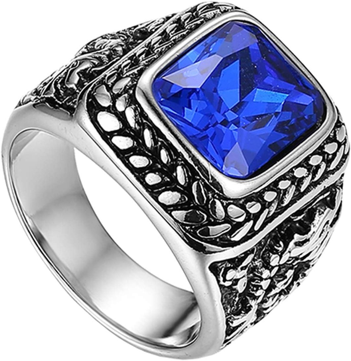 Herenring voor heren, duimring, bandring, zegelring met glas, edelsteen, zilver, rood, zwart, blauw, draak, snijwerk, klassiek, retro bedel, herenaccessoires