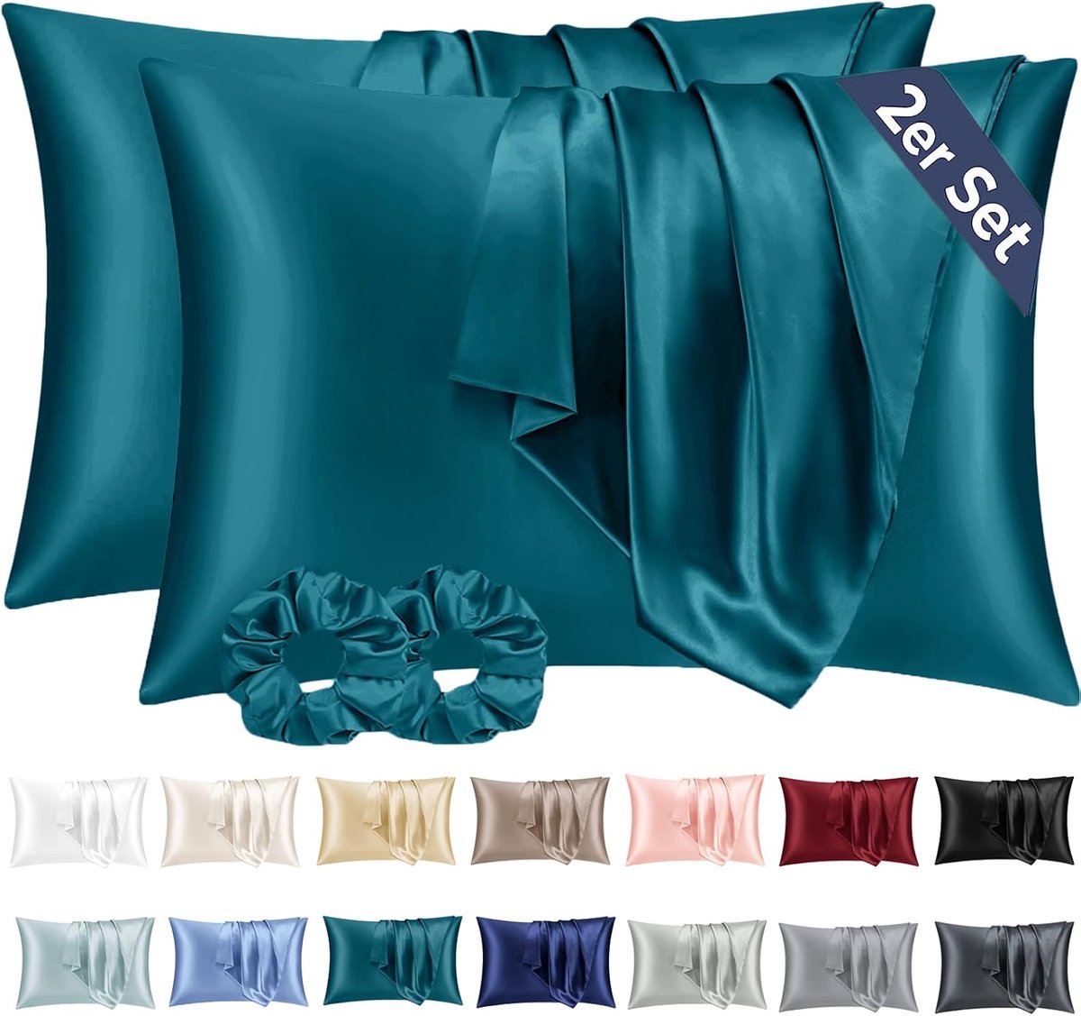 Vielit van 2 Satijn Kussensloop 50x80 Turkoois, zo Zacht als Zijden Kussensloop,Goed voor haar en huid Envelopsluiting met 2 Haarbandjes