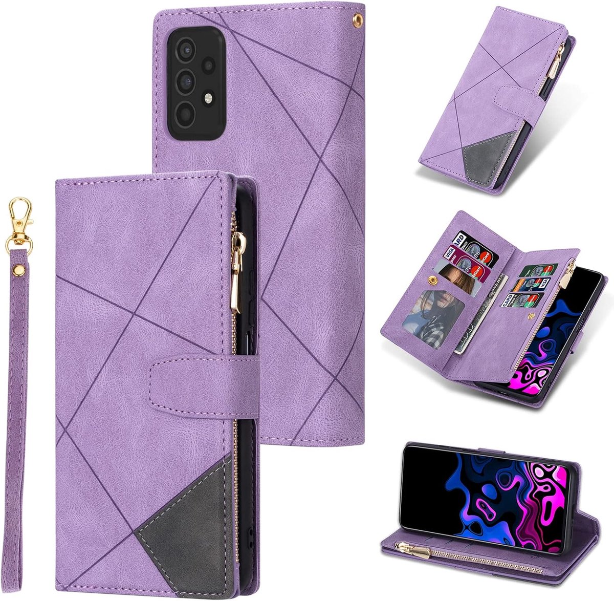 hoesje voor Samsung Galaxy A52 4G/5G, A52S 5G, retro ritssluiting, mobiele telefoonhoesje, PU-leren telefoonhoesje met 9 kaartvakken, standaardfunctie, portemonnee, draagband, beschermhoesje, fliphoesje, paars