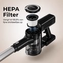 Gedemonteerde zwarte steelstofzuiger met een HEPA-filter dat uit het stofreservoir wordt gehaald. "HEPA Filter Vangt tot 99,9% van fijne stofdeeltjes op".
