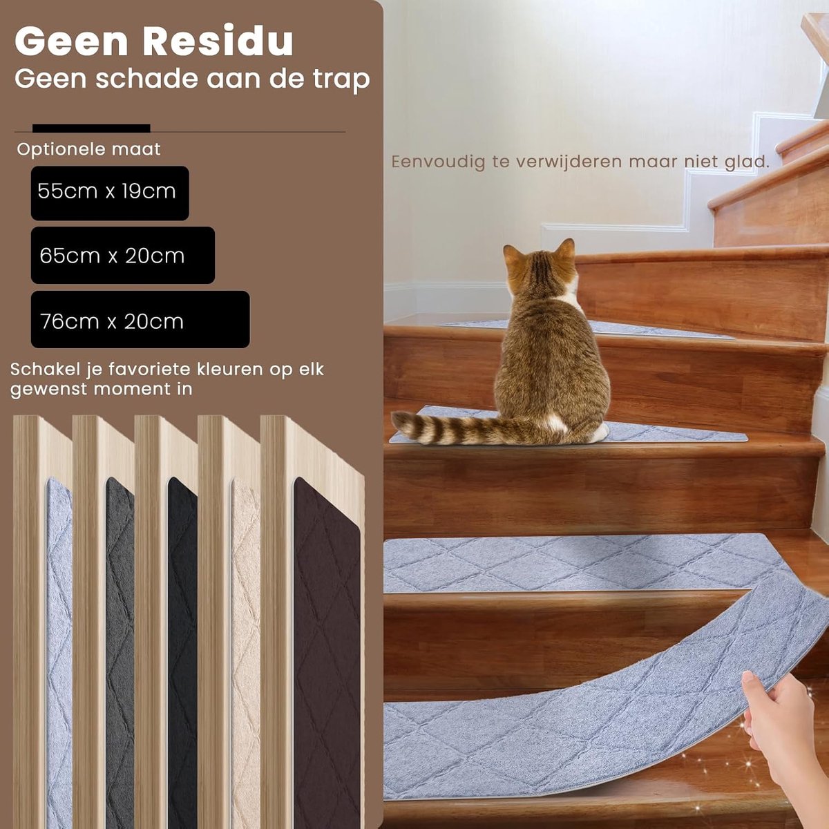 Traptredenmatten set van 15, Zelfklevende Trapmatten Binnen, Trap Mat Snijdbaar & Herbruikbaar voor Bescherm Huisdieren, Senioren Kinderen (Grijs, 65 x 20 cm)
