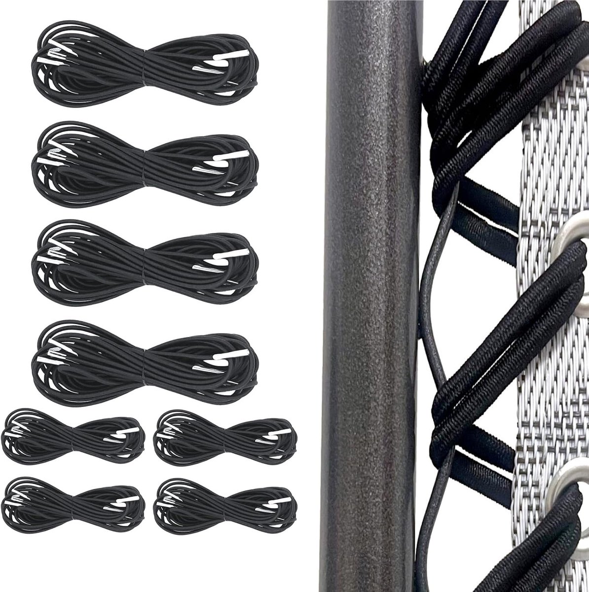 Elastisch voor ligstoel, 8 stuks (4 x 2,2 m + 4 x 1,4 m), voor relaxstoel, Zero Gravity, elastische fauteuil, lange vervanging, bovenkant, kort, vervanging onderaan (zwart, 8 stuks)