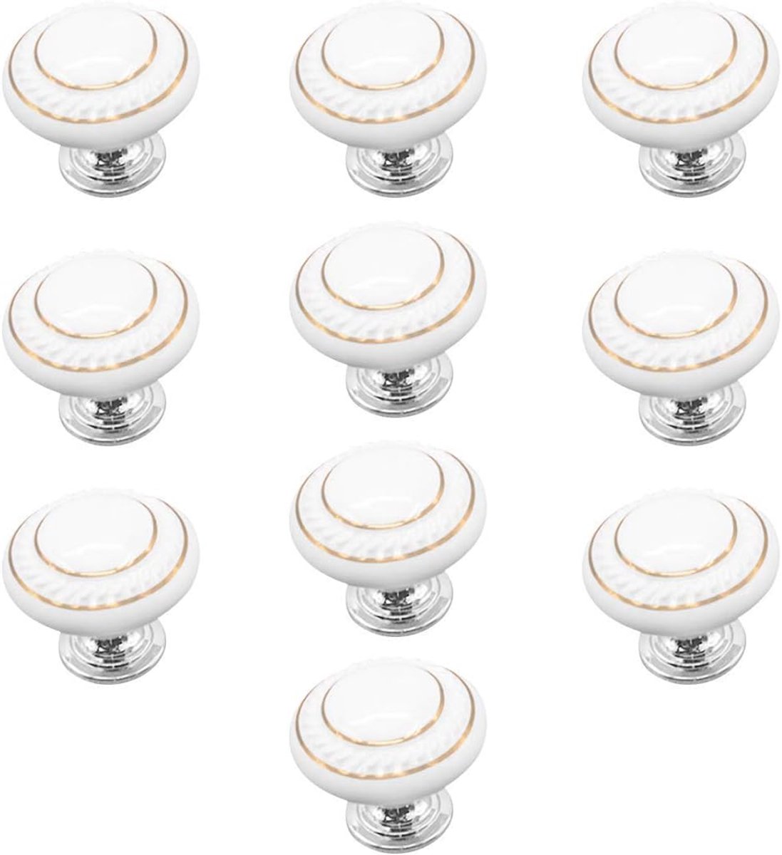 10 x ladegrepen en knoppen ladeknoppen, keramische deurgreep, meubelknoppen (dubbele gouden cirkel - wit)