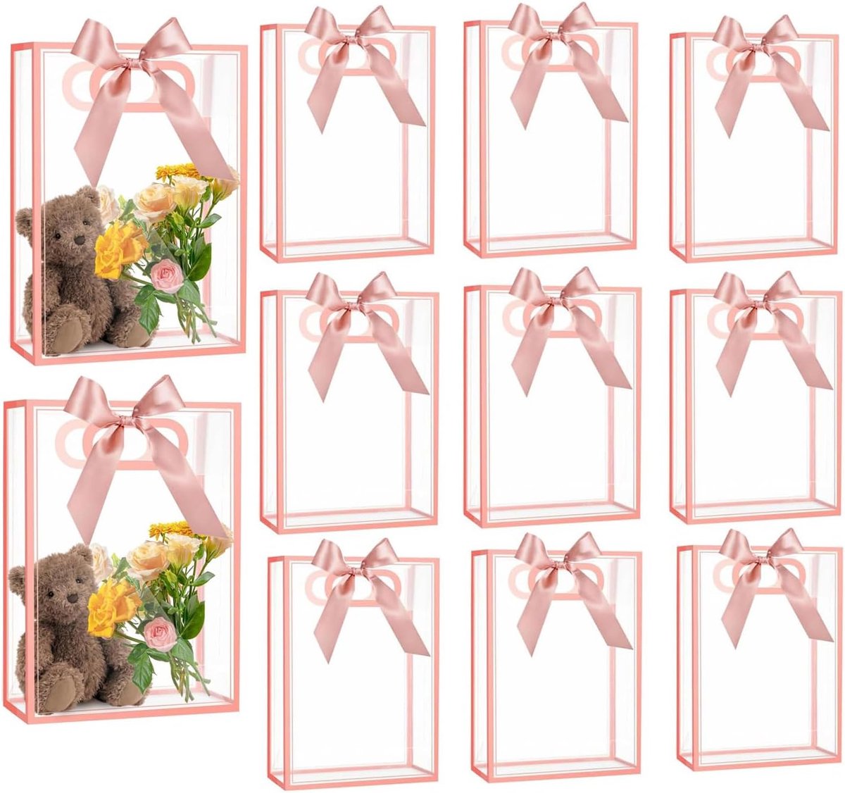 12 stuks heldere PVC geschenkzak met handvatten, plastic feestgunstzakjes met lint, herbruikbare transparante tassen voor bruiloft, bruids-, babyshower, verjaardag (Roze, 15 x 24 x 8 cm)