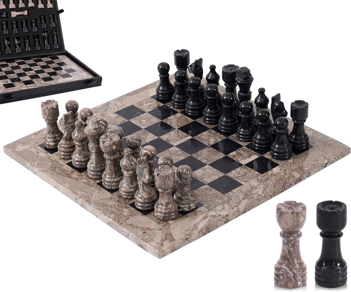 schaakspel 12 inches – handgemaakt met 32 figuren, 2 extra koninginnen & box. Elegant reisspel en stijlvol cadeau voor decoratie (Oceanic & Black)