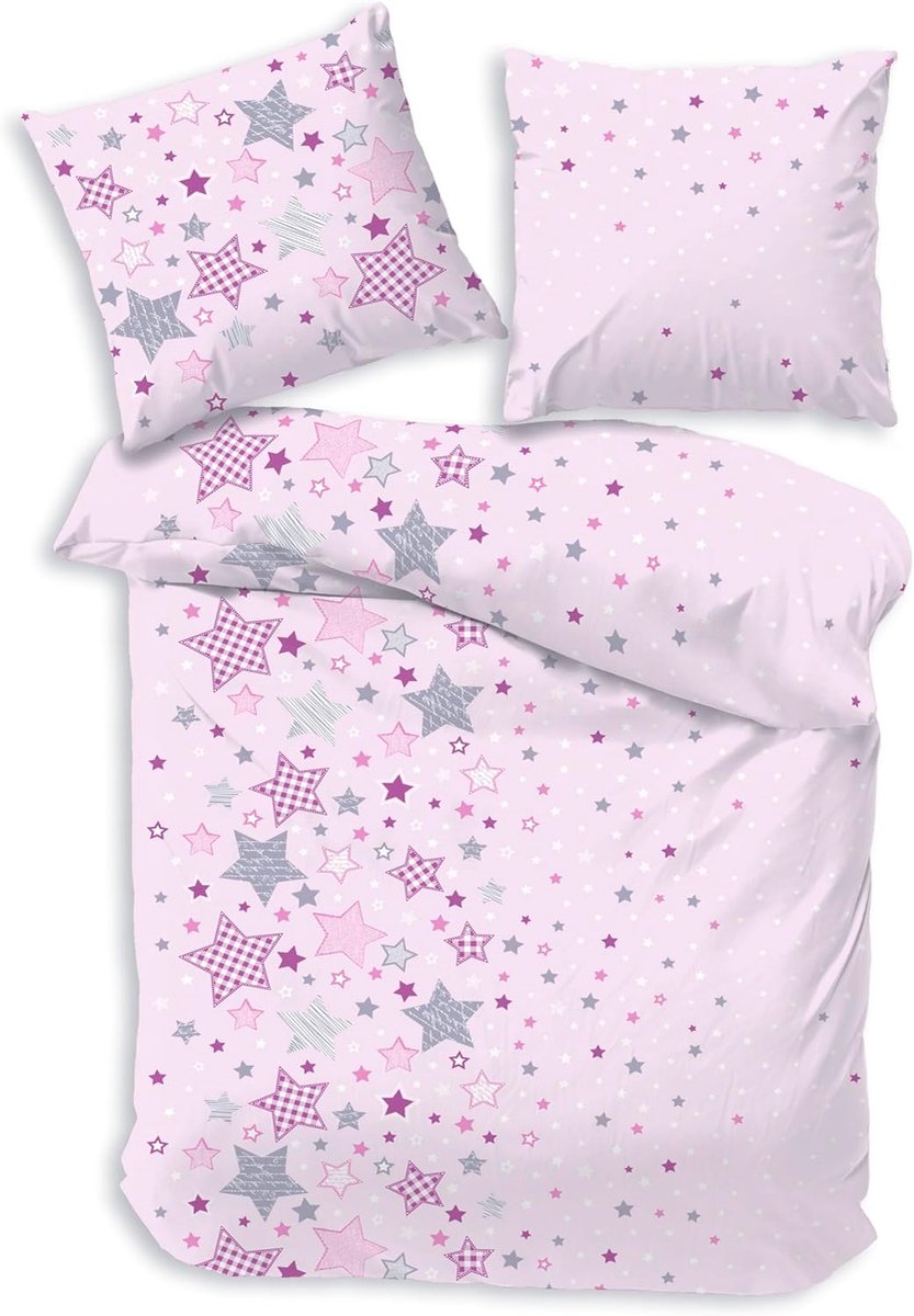 Beddengoed 135 x 200 cm, sterren, kinderbeddengoed, roze, 80 x 80 cm + 135 x 200, 100% katoen, flanel, ritssluiting, kinderbeddengoed, meisjesbeddengoed
