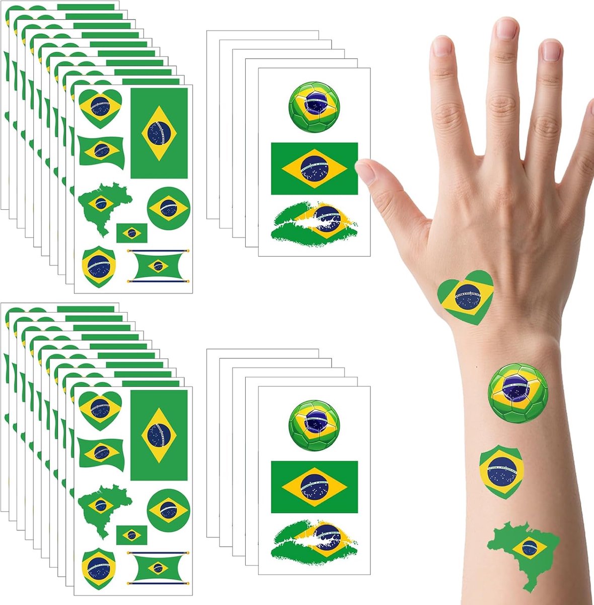 190 stuks (30 vellen) Braziliaanse vlagtatoeages, waterdichte tijdelijke laktatoeages van VEINARDYL voor Brazilië, afneembare gezichtstattoo-stickers met nationale sportvlag voor mannen en vrouwen