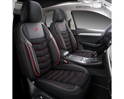 Autostoelhoezen voor Volkswagen T-Roc in pasvorm| Complete set | Voorstoelen + Achterbank AID Serie | AID401 | Zwart met rode stiknaden