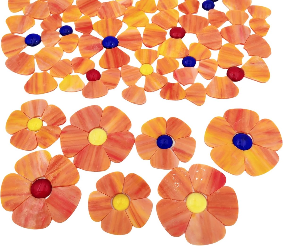 Mozaïektegels, 2 maten bloemblad gebrandschilderd glas mozaïekstukjes voor DIY bloemknutsel, woondecoratie, binnen- & buitendecoratie met opbergdoos (Mandarijn)