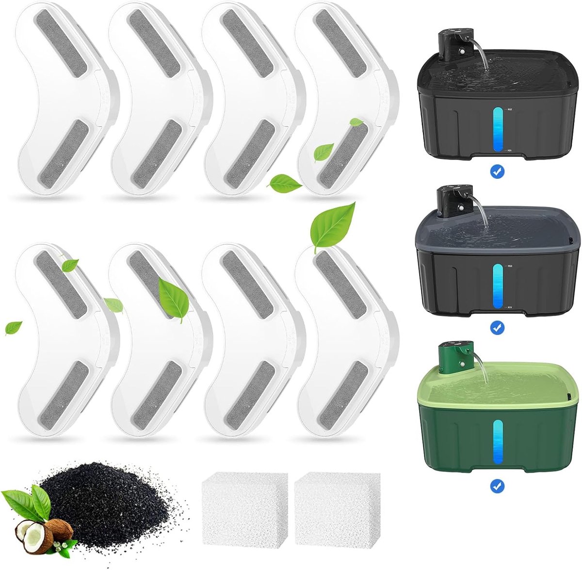 Filters voor Drinkfontein Hond, 8 Stuks Kattenfonteinfilters+ 2 Stuks Sponzen, Drinkfonteinfilters voor Kattenfontein/Hondenfontein, Vervangingsfilters Huisdier Waterfontein