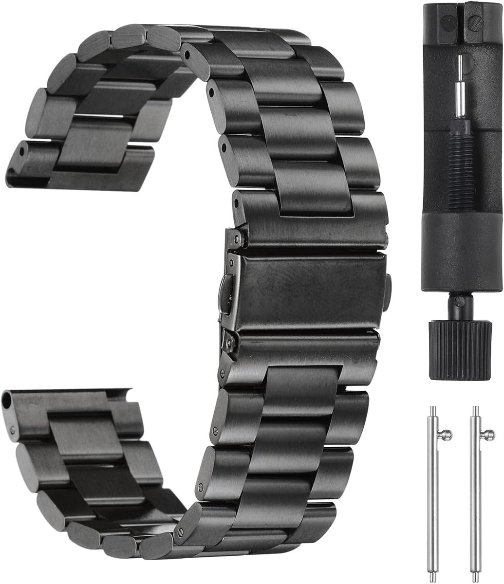 Roestvrij stalen erearmband mm metalen horlogebandjes vlindersluiting snelsluiting solide stalen ketting reservearmband met adapter voor smartwatch heren dames, 22mm, Metaal, Geen edelsteen