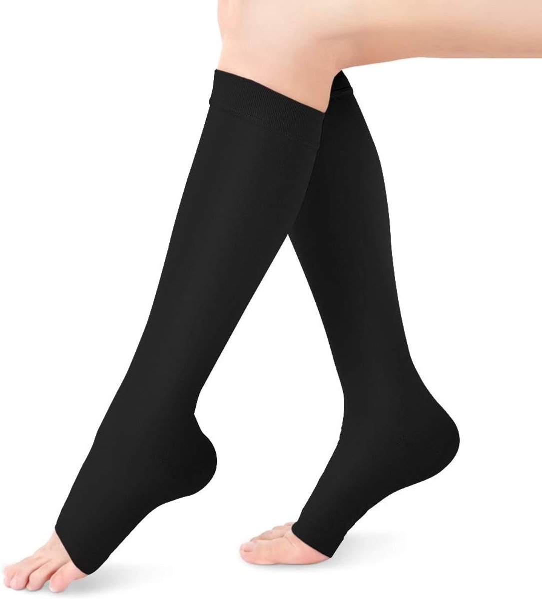 elastische compressiekousen met getrapte compressiekousen, 20-30 mmhg, open kant, kuitband, compressie voor spataderen, zwelling, oedeem, voor vrouwen en mannen, 1 paar (zwart L)